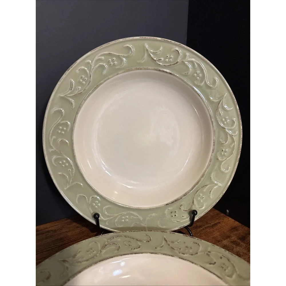Set Of 4 Pier 1 Antique Floral‎ Rimmed Bowls Soup Salad Pasta Bowls Green 9